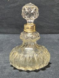 European  Cut Glass Perfume Bottle With Sterling  Silver Band