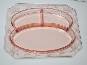 Floral Etched Pink Depression Glass Relish Tray