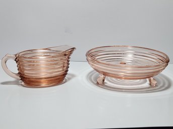 Pink Depression Glass Manhattan Pattern Footed Candy Dish And Creamer