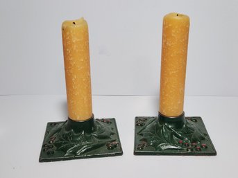 Pair Of Antique Cast Square Iron Holly And Berry Candle Holders