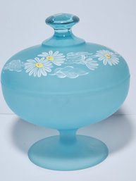 Hand Painted Aqua Blue Glass Covered Candy Dish