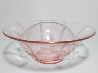 10' Floral Etched Pink Depression Glass Bowl