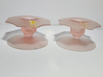Pair Of Frosted Pink Depression Glass Umbrella Candleholders