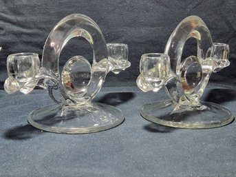 Pair Of Vintage Glass Art Deco Candle Holders