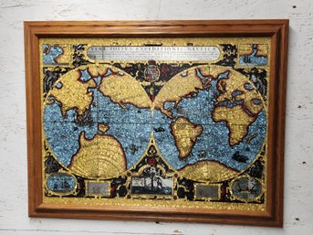 Oak Framed World Map On Mirrored Glass (Vera Totovis Expenditionis Navtica)