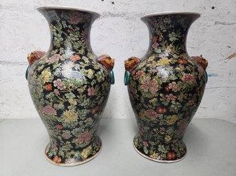 Pair Of 15' Chinese Famille Noir Vases With Foo Dog Handles