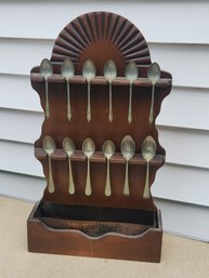Colonial Style Pine Wall Mount Spoonholder With Copper Liner And Spoons
