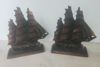 Pair Of Bronze Finished Cast Iron Clipper Ship Bookends