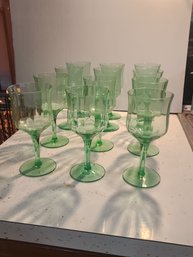 Set Of 12 Green Depression Glass Wine Glasses