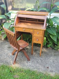 Antique Oak Child's Roll Top Desk With Swivel Chair