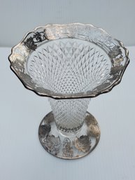 Saw Tooth Patternglass Vase With Silver Depost