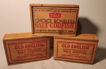 Three Wooden Advertising Cod Fish Boxes