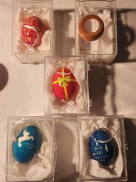 Five Hand Decorated Egg Shell Christmas Ornements In Plastic Cases