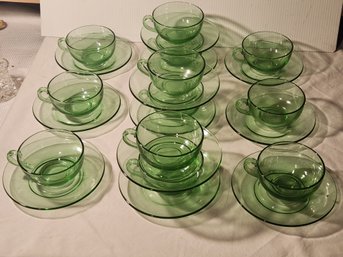Set Of Twelve Green Depression Glass Cups And Saucers