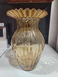 12' Ribbed Amber Glass  Vase With Ruffeled Edge