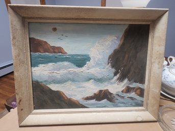 Signed Oil Painting On Board Of Waves Breaking On Rocks
