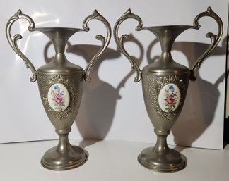 Pair Of Ornated White Metal Vases With Porcelain Medalions