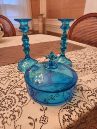 Elegant Depression Auqua Blue Covered Candy Dish And Pair Of Candle Stcks