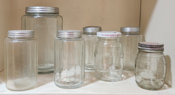 Three Hoosier Cabinet Storage Jars,Hoosier Salt And Pepper Shakers And Two Advertising Jars
