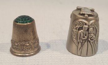 Unusual Coin Silver Thimble With Floral Decoration And Pewter Thimble