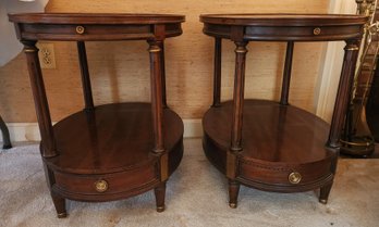Prestine Pair Of Heritage Henredon Oval Inlaid End Tables