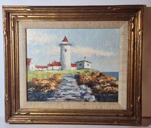 Oil Painting On Masonite Of A Lighthouse By Lou Stavros