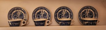 Four Blue Willow Pattern Cups And Saucers
