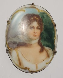 Antique Porcelain Brooch With Bust Of Young Woman