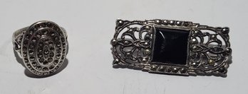 Sterling Silver And Marchasite Pin With Onyx And Sterling And Marchasite Ring Size 5 1/2