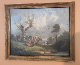 Nineteenth Century Oil Painting On Board Depicting Farm Girl With Cows