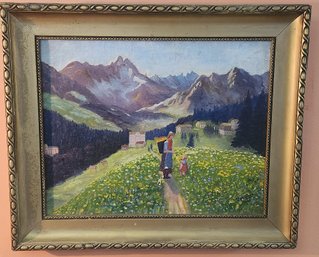 Oil Painting On Canvas Of A Mother And Daughter Picking Flowers In The Tyrol Mountains Of Austria By Jak Fuchs