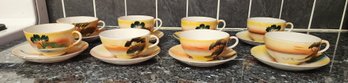 Set Of Eight Hand Painted Japanese Cups And Saucers And A Hand Painted Japanese Teapot As Is