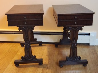 Pair Of Petite Mahogany End Tables With Drawers (one With Veneer Loss)