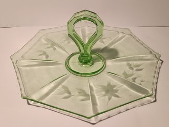 Floral Etched Green Depresdion Glass Pastry Dish