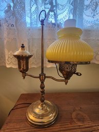 Brass Student Lamp With Yellow Cased Glass Shade