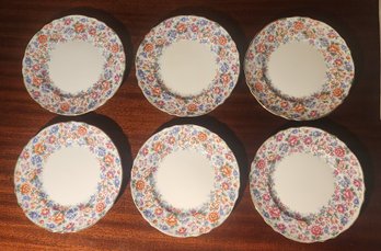Set Of Six Crown Staffordshire Bone Chinafloral Decorated  Luncheon Plates