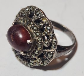 Sterling Silver And Marchasite Ring With Amber Stone