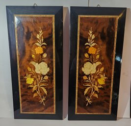 Pair Of Italian Floral Marquetry Inlaid Wall Plaques