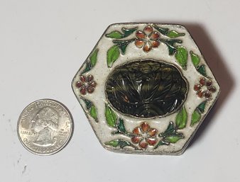 Hexagonal Enameled Keepsake Box With Carved Agate Medallion
