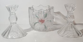 Crystal Poinsettia Decorated Vase And Pair Of Crystal Candle Holders
