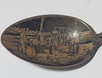 Ornate Niagra Silver Company Teaspoon With Enamel Painting Entitled' Taking Out The Fish Gloucester,Mass.'