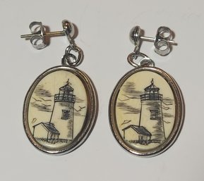 Pair Of Sterling Silver And Scrimshaw Earrings With Lighthouse Decoration