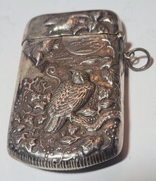 Sterling Silver Match Safe With Scene Depicting Birds Flying Beneath A Full Moon