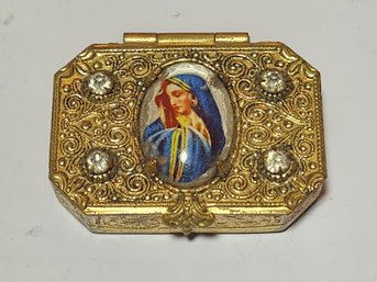 Fancy Brass Keepsake Box With Portrait Of The Virgin Mary