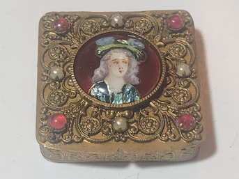 French Brass Powder Box With Hand Painted Enamel Medallion