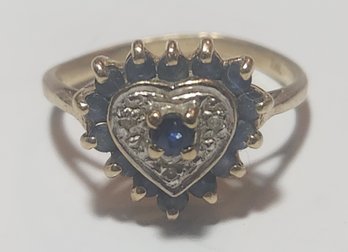 10 Karat Gold Heart Ring With Diamonds And Saphires Size 6 (1.9 G)