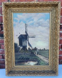 Oil Painting On Board With Scence Of Mother And Dughter Walking Past Windmill