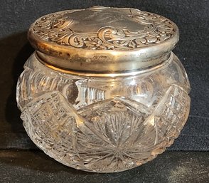 Cut Glass Powder Jar With Sterling Silver Top