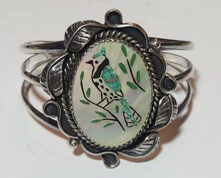 Hand Crafted Mexican Silver Braclet With Decorated Abolone Shell Insert