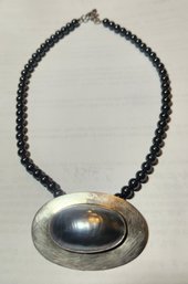 Hand Crafted 14' Beaded Black Stone Necklace With Sterling Silver And Shell  Pendant